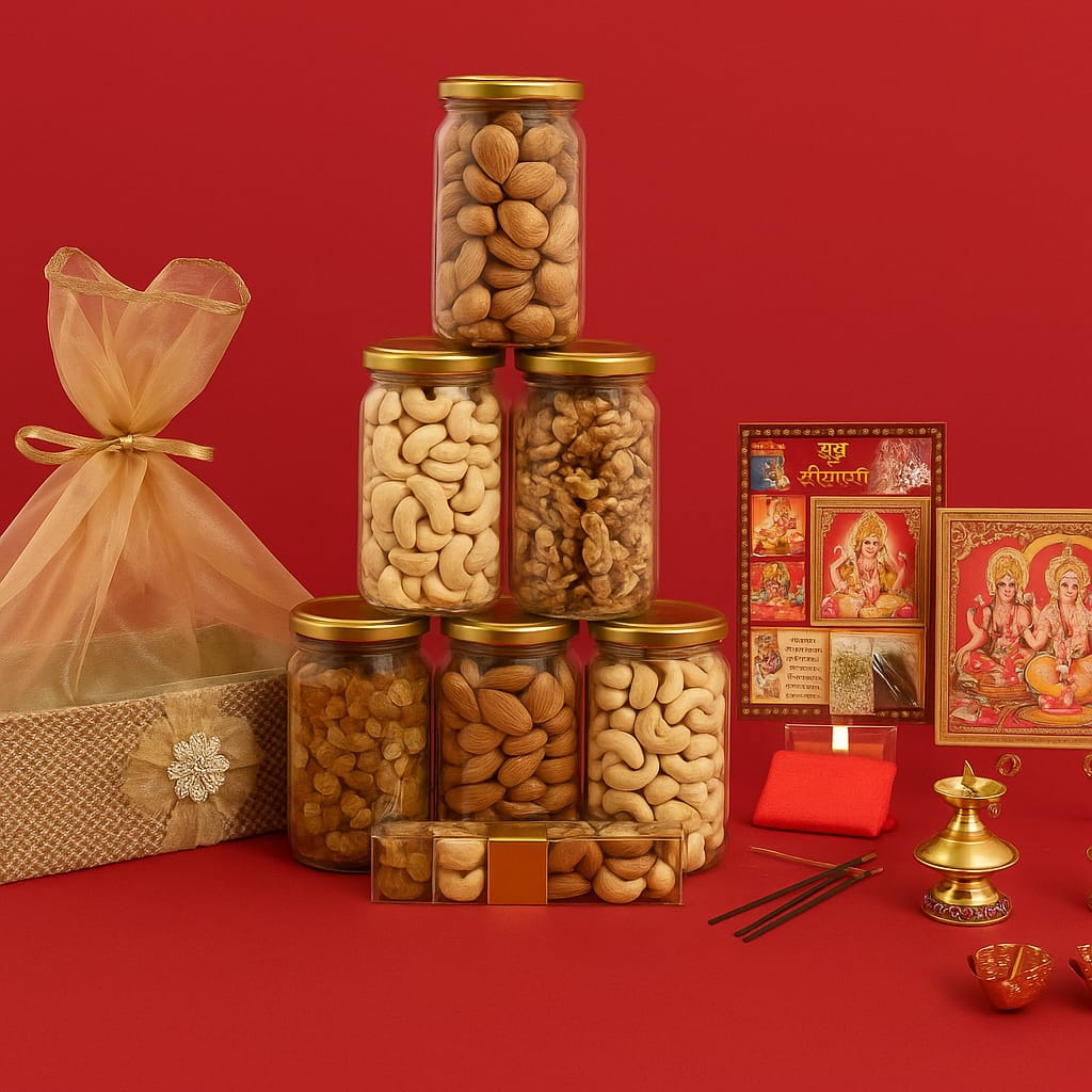 Premium Dry Fruit and Nut Gift Basket with 22 Pooja Items
